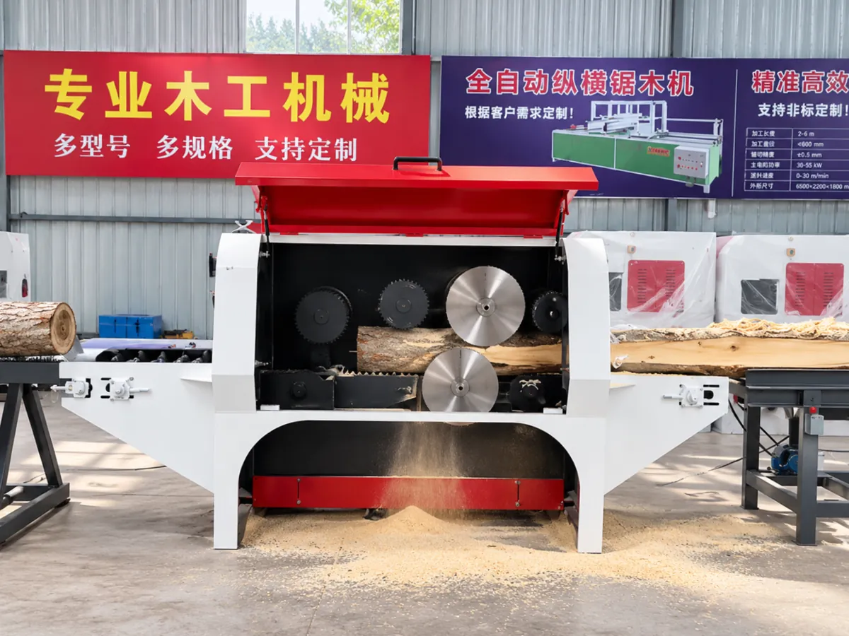 Multi rip saw cutting boards in a sawmill with logs in the yard
